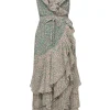 Fame and Partners - Green & Peach Floral Print Tiered & Ruffled Wrap Maxi Dress Sz 10