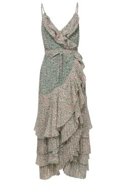 Fame and Partners - Green & Peach Floral Print Tiered & Ruffled Wrap Maxi Dress Sz 10