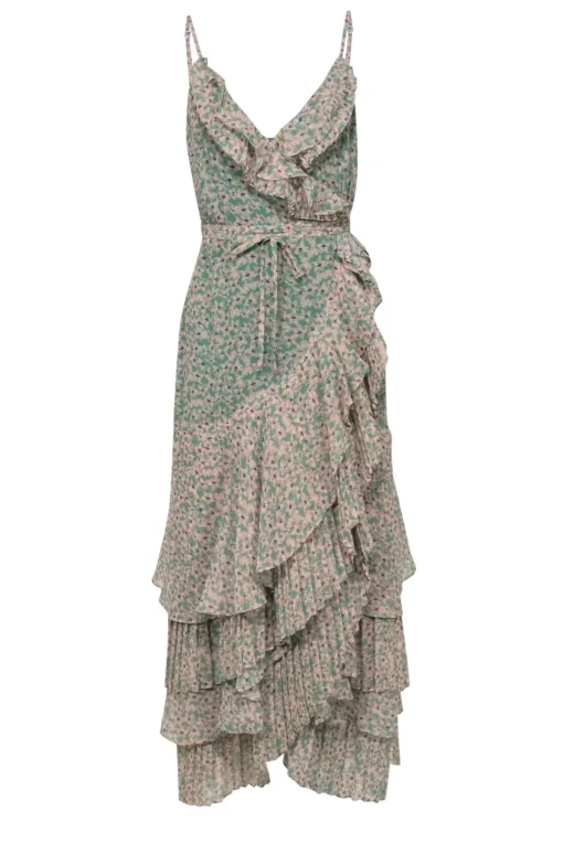 Fame and Partners - Green & Peach Floral Print Tiered & Ruffled Wrap Maxi Dress Sz 10
