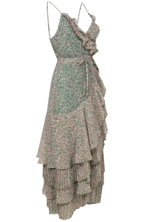 Fame and Partners - Green & Peach Floral Print Tiered & Ruffled Wrap Maxi Dress Sz 10