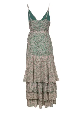 Fame and Partners - Green & Peach Floral Print Tiered & Ruffled Wrap Maxi Dress Sz 10