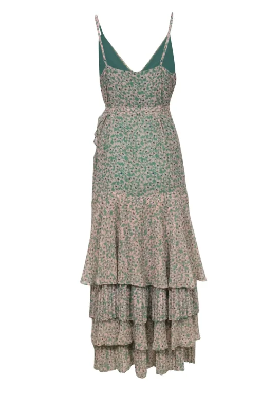 Fame and Partners - Green & Peach Floral Print Tiered & Ruffled Wrap Maxi Dress Sz 10