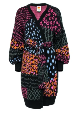 Farm - Black & Multicolor Multi-Print Balloon Sleeve Belted Longline Cardigan Sz L