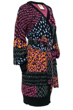 Farm - Black & Multicolor Multi-Print Balloon Sleeve Belted Longline Cardigan Sz L