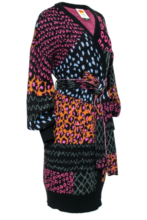 Farm - Black & Multicolor Multi-Print Balloon Sleeve Belted Longline Cardigan Sz L