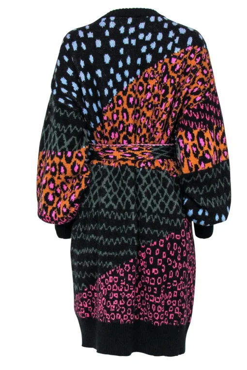 Farm - Black & Multicolor Multi-Print Balloon Sleeve Belted Longline Cardigan Sz L
