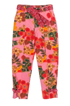 Farm - Pink & Multicolor Floral & Leaf Print High-Waist Pants Sz S