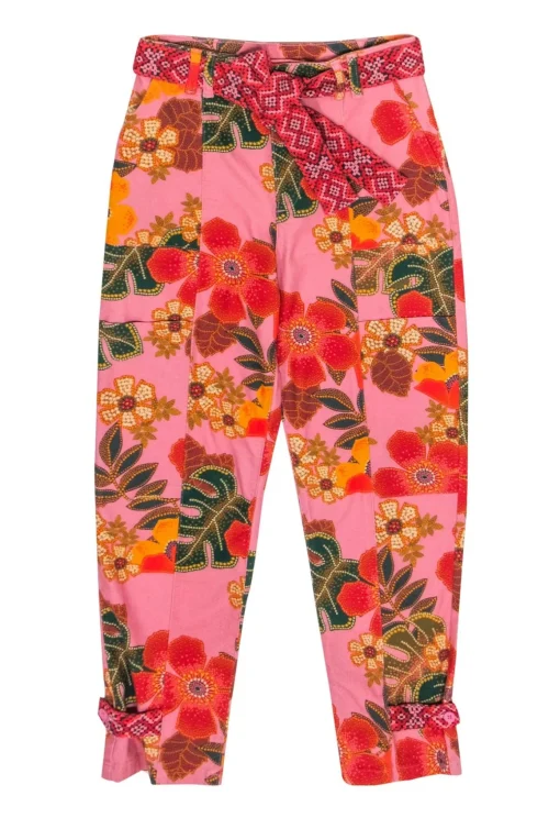 Farm - Pink & Multicolor Floral & Leaf Print High-Waist Pants Sz S