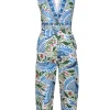 Farm - White & Blue Bird & Leaf Print Tapered Leg Jumpsuit Sz XS