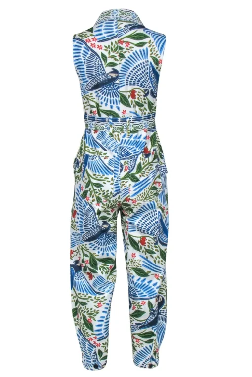 Farm - White & Blue Bird & Leaf Print Tapered Leg Jumpsuit Sz XS