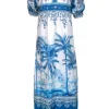 Farm - White & Blue Scenic Palm Tree Print Cotton Maxi Dress Sz S