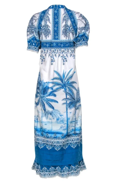Farm - White & Blue Scenic Palm Tree Print Cotton Maxi Dress Sz S