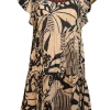 Farm Rio - Beige & Black Leaf Print Flutter Sleeve Mini Dress Sz P