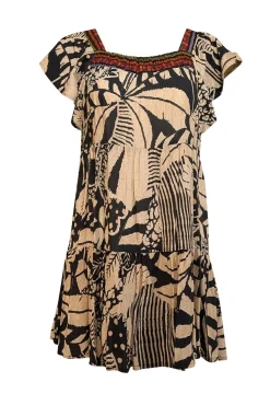 Farm Rio - Beige & Black Leaf Print Flutter Sleeve Mini Dress Sz P