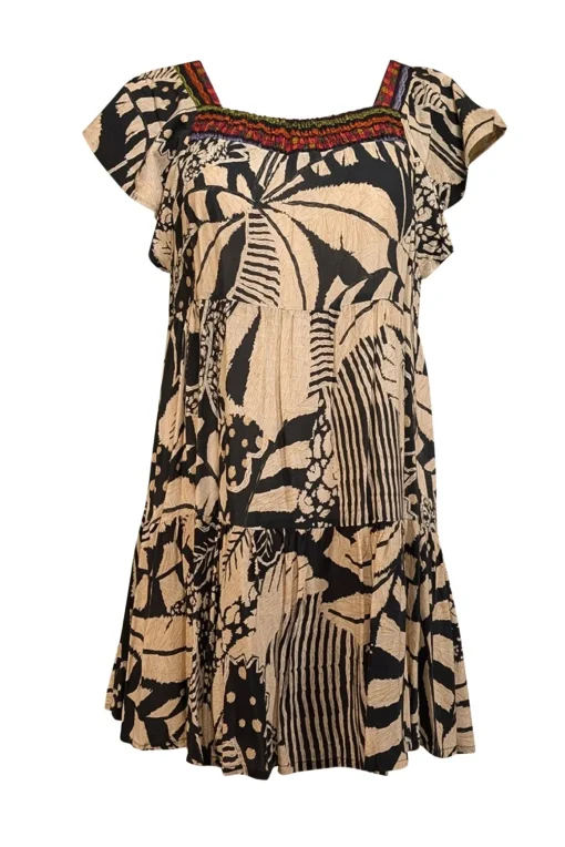 Farm Rio - Beige & Black Leaf Print Flutter Sleeve Mini Dress Sz P