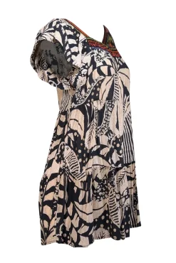 Farm Rio - Beige & Black Leaf Print Flutter Sleeve Mini Dress Sz P