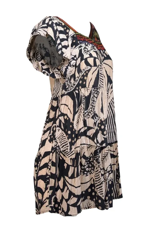 Farm Rio - Beige & Black Leaf Print Flutter Sleeve Mini Dress Sz P