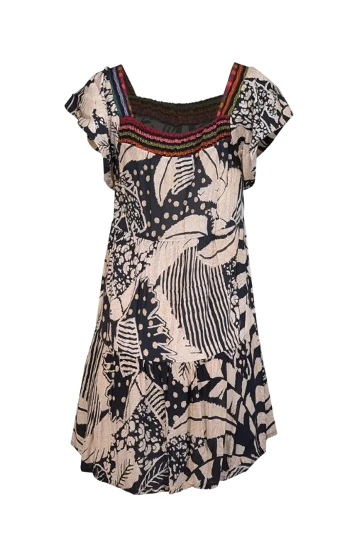 Farm Rio - Beige & Black Leaf Print Flutter Sleeve Mini Dress Sz P