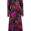 Farm Rio - Blue Multi Color Leopard Print Ruched Midi Dress Sz S