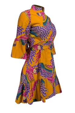 Farm Rio - Orange w/ Multicolor Macaw Print Poplin Belted Mini Dress Sz XS