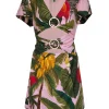 Farm Rio - Pink & Green Tropical Print Linen Blend Mini Dress Sz M