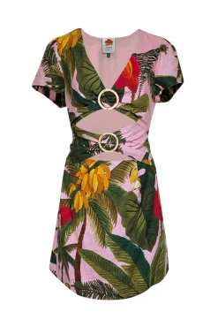 Farm Rio - Pink & Green Tropical Print Linen Blend Mini Dress Sz M