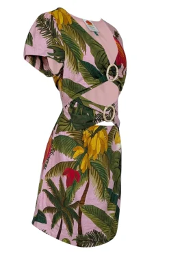 Farm Rio - Pink & Green Tropical Print Linen Blend Mini Dress Sz M