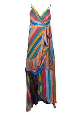 Farm Rio - Rainbow Striped Wrap Dress w/ Fringe Trim Sz S