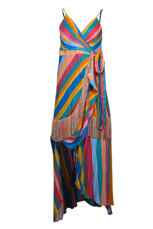 Farm Rio - Rainbow Striped Wrap Dress w/ Fringe Trim Sz S