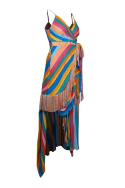 Farm Rio - Rainbow Striped Wrap Dress w/ Fringe Trim Sz S