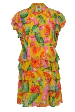 Farm Rio - Yellow Tropical "Beaks & Bananas" Print Ruffle Mini Dress Sz S