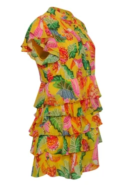 Farm Rio - Yellow Tropical "Beaks & Bananas" Print Ruffle Mini Dress Sz S