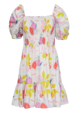 Fasce - Ivory w/ Fruit Print Smocked Bodice Dress Sz M
