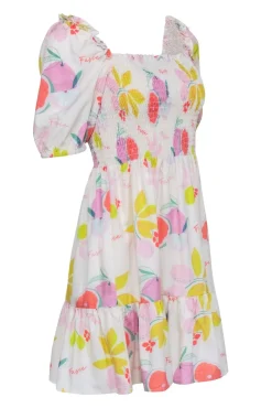 Fasce - Ivory w/ Fruit Print Smocked Bodice Dress Sz M