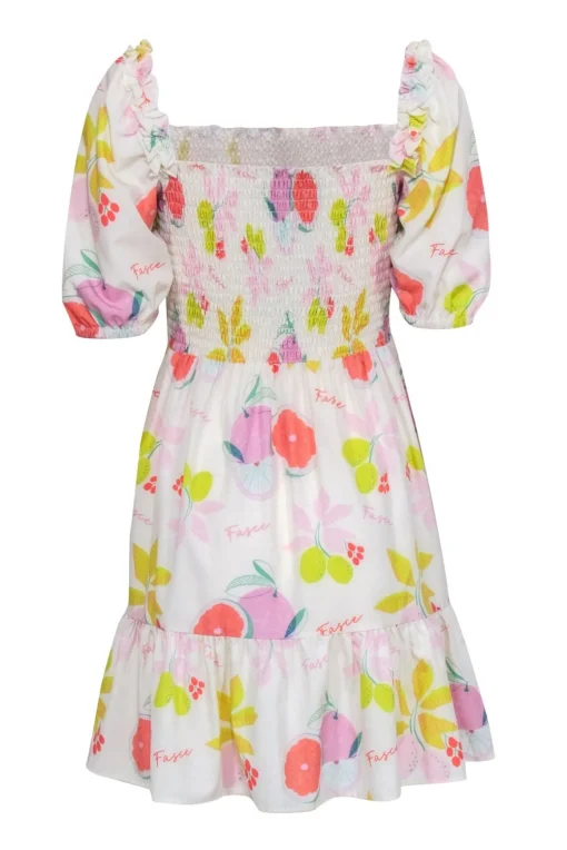Fasce - Ivory w/ Fruit Print Smocked Bodice Dress Sz M