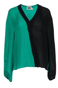 Fausto Puglisi - Green & Black Asymmetrical Silk Blouse w/ Elastic Cuffs Sz S