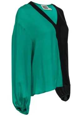 Fausto Puglisi - Green & Black Asymmetrical Silk Blouse w/ Elastic Cuffs Sz S