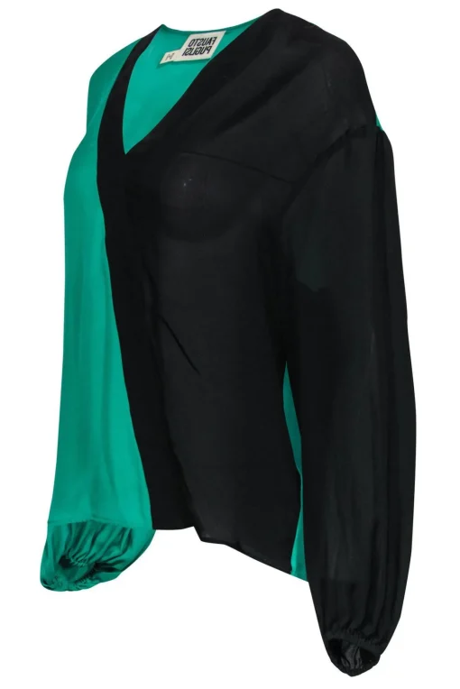 Fausto Puglisi - Green & Black Asymmetrical Silk Blouse w/ Elastic Cuffs Sz S