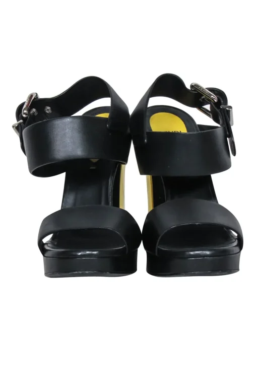Fendi - Black Leather Open Toe Pumps w/ Gold Heel Sz 6.5