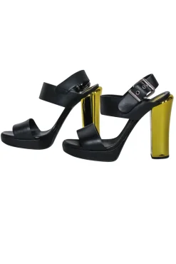 Fendi - Black Leather Open Toe Pumps w/ Gold Heel Sz 6.5