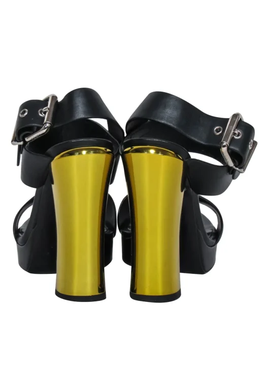 Fendi - Black Leather Open Toe Pumps w/ Gold Heel Sz 6.5