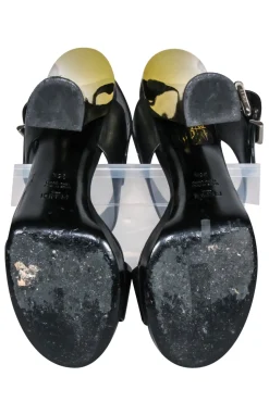 Fendi - Black Leather Open Toe Pumps w/ Gold Heel Sz 6.5