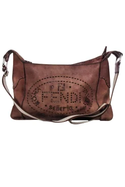 Fendi - Brown Leather Laser Cut Logo Crossbody Bag