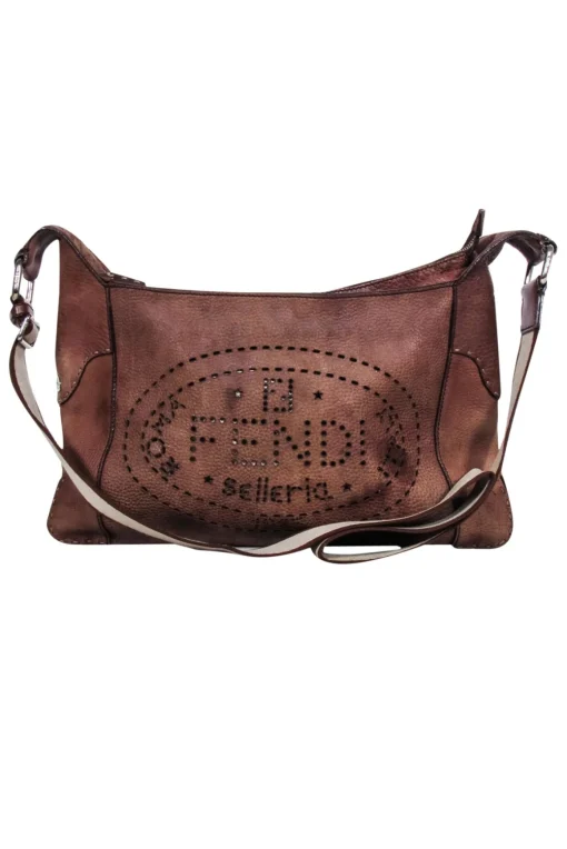 Fendi - Brown Leather Laser Cut Logo Crossbody Bag