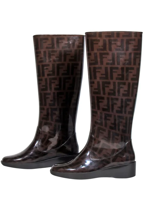 Fendi - Brown Monogram Print Platform Rain Boots Sz 5