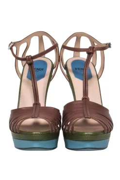 Fendi - Brown w/ Green & Blue Snakeskin Embossed Leather Stiletto Sz 9