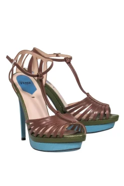 Fendi - Green & Blue Snakeskin T-Strap Stiletto Sz 9