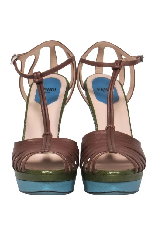 Fendi - Green & Blue Snakeskin T-Strap Stiletto Sz 9