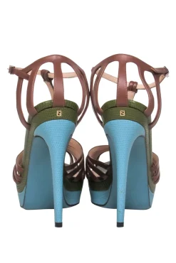 Fendi - Green & Blue Snakeskin T-Strap Stiletto Sz 9