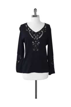Feraud - Black Knit Top w/ Crochet Neckline Sz L